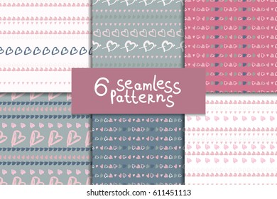 Doodle seamless pattern set with hearts