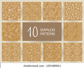 Doodle seamless pattern set. Vector golden backgrounds. Hand drawn strawberry, cherry, apple, kiwi, grapes, watermelon, banana, pomegranate, vegetables, tomato, radish, onion, garlic, pepper, fruits