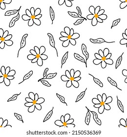 Doodle seamless pattern with simple flowers and leaves. Summer floral print for fabric, paper, stationery. Hand drawn vector illustration for decor and design.



