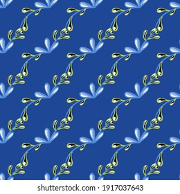 Doodle seamless pattern with simple hand drawn floral branches elements. Blue bright bakground. Designed for fabric design, textile print, wrapping, cover. Vector illustration.