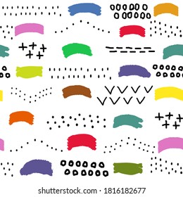 doodle seamless pattern simple icons teal dots black ink pen and multicolored rainbow brush strokes