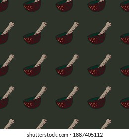 Doodle seamless pattern with simple mortar and pestle print. Green olive background. Perfect for wallpaper, textile, wrapping paper, fabric print. Vector illustration.