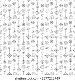 Doodle seamless pattern with snowflakes on a thread. Black outline illustration.