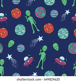 doodle seamless pattern of space elements or icons with color and outline