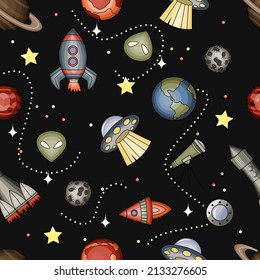 Doodle seamless pattern with space theme. Planets, stars, rockets on a black background. Cute flat vector illustration.