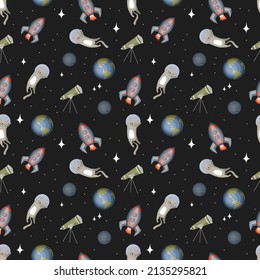 Doodle seamless pattern with space theme. Planets, stars, rockets on a black background. Cute flat vector illustration.