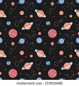 Doodle seamless pattern with space theme. Planets of the solar system. Cute flat vector illustration.
