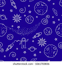 Doodle seamless pattern space. Vector illustration. Planets, UFO, rocket, stars isolated on a black background.