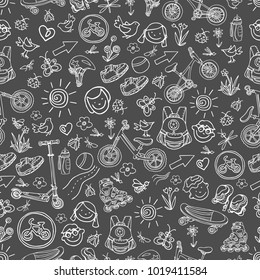 Doodle seamless pattern of sporting goods for kid Art vector set sketch illustration Scooter, rollers, skate, bike, sneakers, backpack, helmet Summer children's holiday Hand draw collection Real life