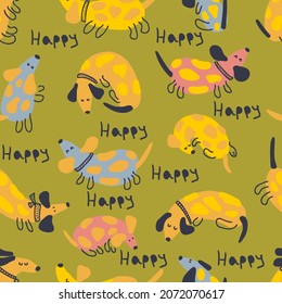 Doodle seamless pattern with spotted dachshunds and text HAPPY. Perfect for T-shirt, postcard, textile and print. Hand drawn vector illustration for decor and design.

