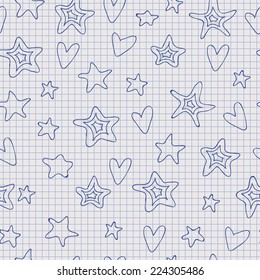 Doodle seamless pattern with stars and hearts on paper with grid. Vector illustration background.