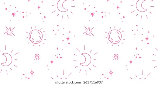 Doodle seamless pattern of stars, moon and sun. Abstract hand drawn funny space background.