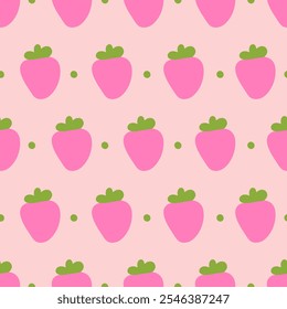 Doodle seamless pattern with strawberries on pink background. Cute colorful spring pattern for fabric, wrapping paper, clothes.