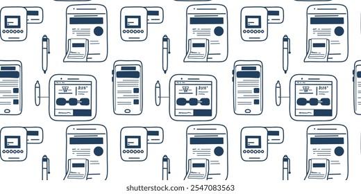 Doodle seamless pattern with stylized icons of electronic devices, smartphones, tablets, in a modern style