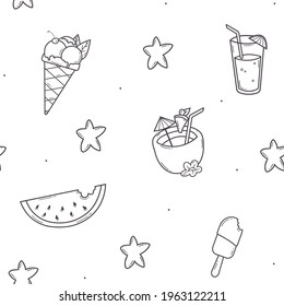 Doodle Seamless Pattern with Summer Food in Sketch style. Hand Drawn Line Beach Cocktails, Drinks, Fruit, Ice cream.Isolated on white Background.