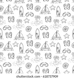 doodle seamless pattern of summer icons on white background