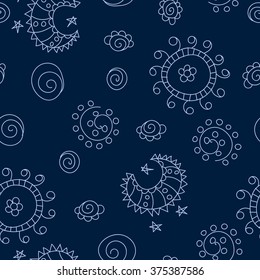 Doodle seamless pattern with sun, moon and stars