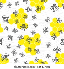 Doodle seamless pattern - swarm of bees and honeycomb. Vector background for design