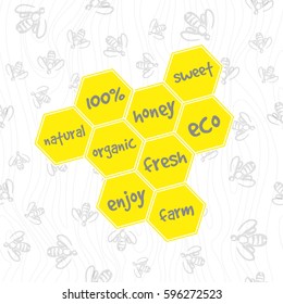 Doodle seamless pattern - swarm of bees and honeycomb. Vector background for design