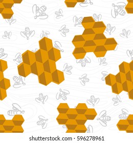 Doodle seamless pattern - swarm of bees and honeycomb. Vector background for design