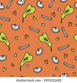 Doodle seamless pattern of sweet cream cakes and pears. Perfect for scrapbooking, textile and prints. Hand drawn vector illustration for decor and design.

