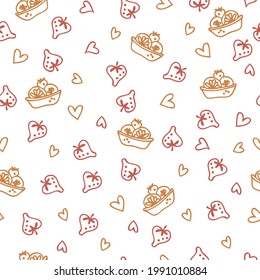 Doodle seamless pattern of sweet fruit cakes and strawberries. Perfect for scrapbooking, textile and prints. Hand drawn vector illustration for decor and design.