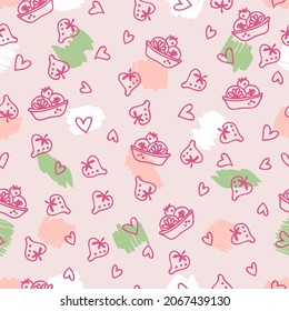 Doodle seamless pattern of sweet fruit cakes and strawberries. Perfect for scrapbooking, textile and prints. Hand drawn vector illustration for decor and design.