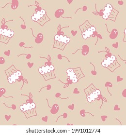 Doodle seamless pattern of sweet muffins and cherries. Perfect for scrapbooking, textile and prints. Hand drawn vector illustration for decor and design.
