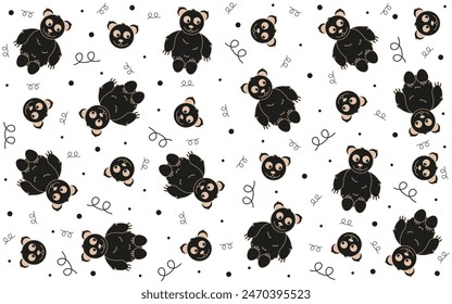 Doodle Seamless pattern with Teddy Bear in trendy Cordel Linocut style. Animal simple ornament isolated white background. Naive vector can used wllpaper, fabric, t-shirt print. EPS10