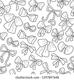 Doodle seamless pattern with tied bows in doodle style. Outline festive bow in various shapes. Easy to change color inside of objects.