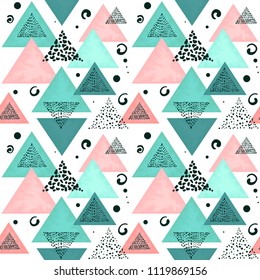 Doodle Seamless Pattern of Triangles in Pastel Colors and Abstract Shapes