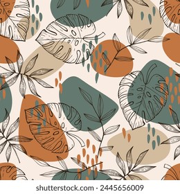 Doodle seamless pattern with tropic leaves. Vector illustration. Great for textile, decor and printed products.