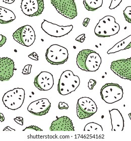 Doodle seamless pattern with Tropical Anona . Hand drawn stylish fruit and vegetable. Vector artistic drawing fresh organic food. Summer illustration vegan ingrediens for smoothies