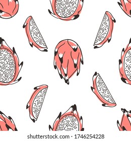 Doodle seamless pattern with tropical fruit. Hand drawn stylish vegetable. Vector artistic drawing fresh organic food. Summer illustration vegan ingrediens for smoothies