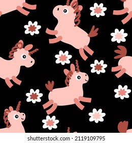 Doodle seamless pattern with unicorns and flowers. Perfect for T-shirt, textile and print. Hand drawn vector illustration for decor and design.



