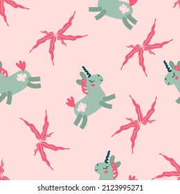 Doodle seamless pattern with unicorns and leaves. Perfect for T-shirt, textile and print. Hand drawn vector illustration for decor and design.
