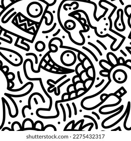 Doodle seamless pattern with unusual unreal creatures in black and white. Modern stylish texture in vector.