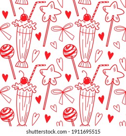 Doodle seamless pattern for Valentine's Day celebration. Paper with candy-heart, lollipops, ice-creams and cute cherry. Lovely pattern for wrapping paper.