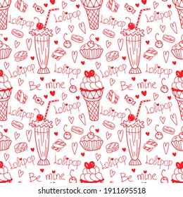 Doodle seamless pattern for Valentine's Day celebration. Paper with candy-heart, lollipops, ice-creams and cute cherry. Lovely pattern for wrapping paper.