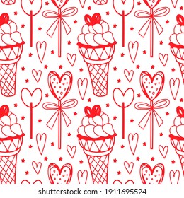 Doodle seamless pattern for Valentine's Day celebration. Paper with candy-heart, lollipops, ice-creams and cute cherry. Lovely pattern for wrapping paper.