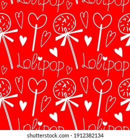 Doodle seamless pattern for Valentine's Day celebration. Paper with candy-heart, lollipops, ice-creams and cute cherry. Lovely pattern for wrapping paper.
