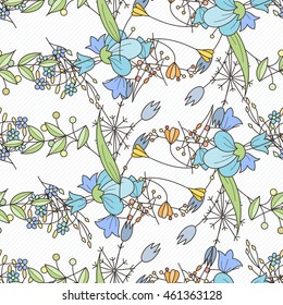 Doodle seamless pattern with various doodle flowers, leaves and branches. Simple floral ornament.