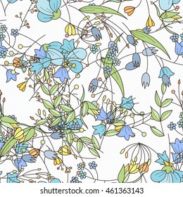 Doodle seamless pattern with various doodle flowers, leaves and branches. Simple floral ornament.