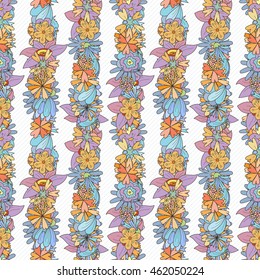 Doodle seamless pattern with various doodle flowers, leaves and branches. Simple floral ornament.
