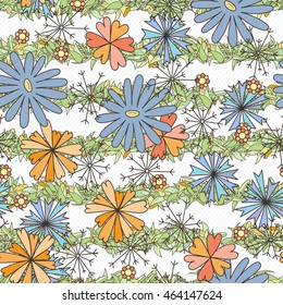 Doodle seamless pattern with various doodle flowers, leaves and branches. Simple floral ornament.