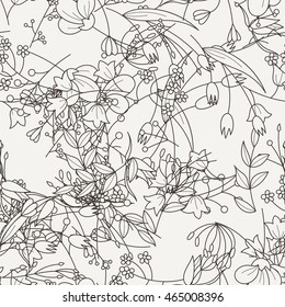 Doodle seamless pattern with various doodle flowers, leaves and branches. Simple floral ornament.