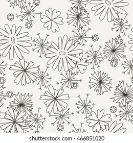 Doodle seamless pattern with various doodle flowers, leaves and branches. Simple floral ornament.