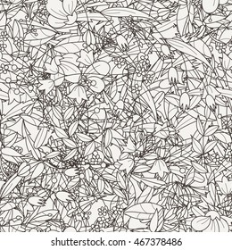 Doodle seamless pattern with various doodle flowers, leaves and branches. Simple floral ornament.