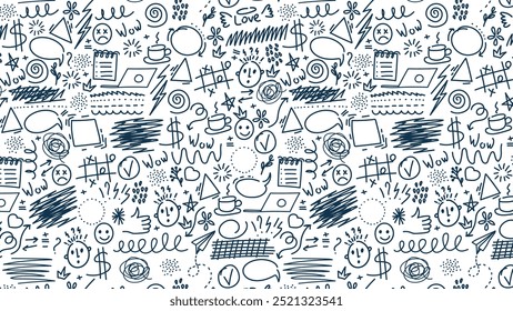 Doodle seamless pattern with various symbols and shapes placed on a white background.