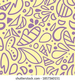 Patrón sin fisuras de cartón para papel de pared, tela textil, papel de envoltura. Ornamento vector abstracto con elementos circulares y triángulos. Esquema violento sobre fondo amarillo.